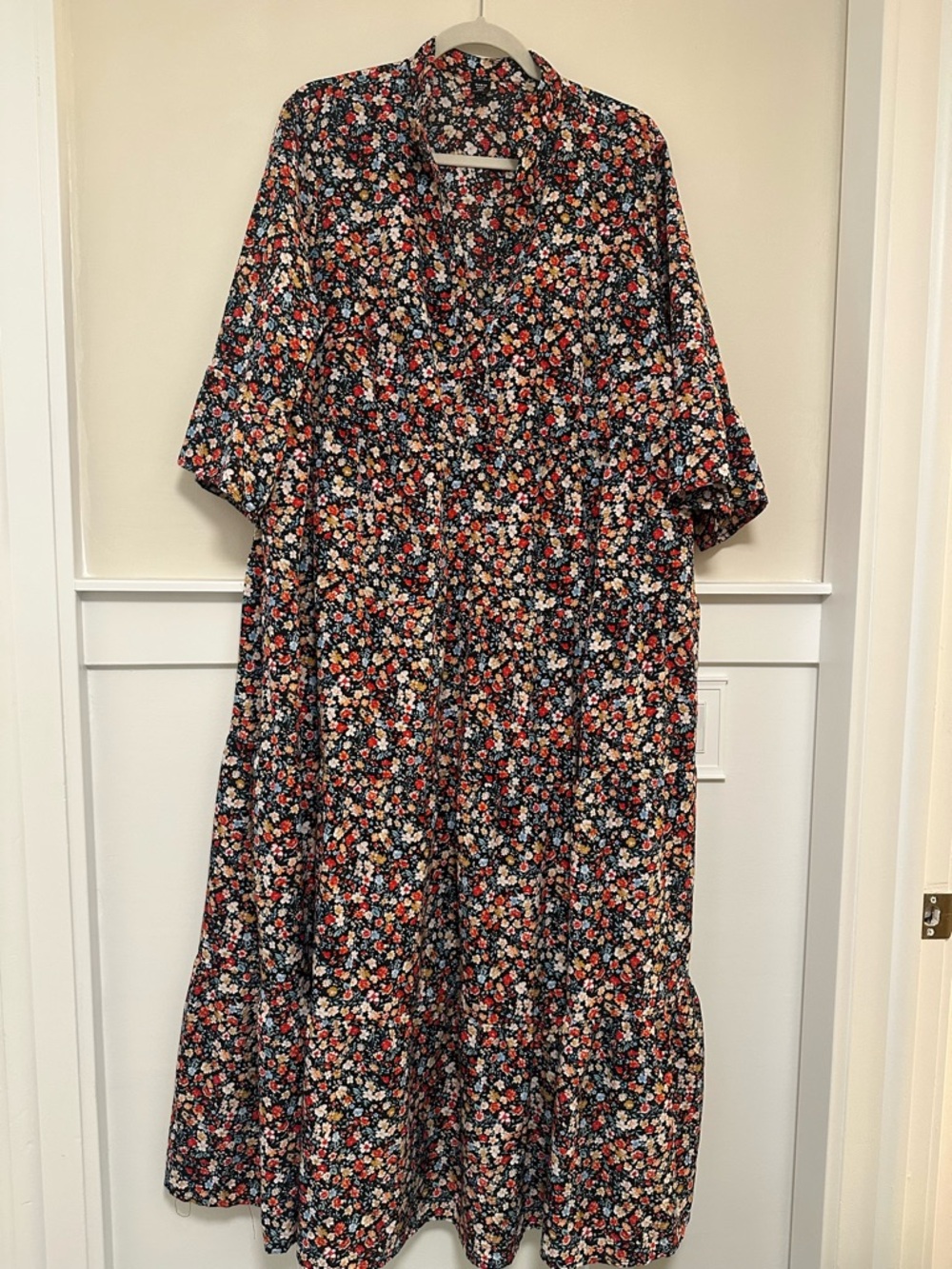 Navy Floral Tiered Collar/Button Top Maxi Dress with Red, White & Beige Blooms